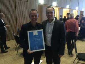 Firebrand Training Nordics CEO, Frank Højgaard (left) collects the award with Firebrand Global Head of Sales, Jacob Davidsen (right)