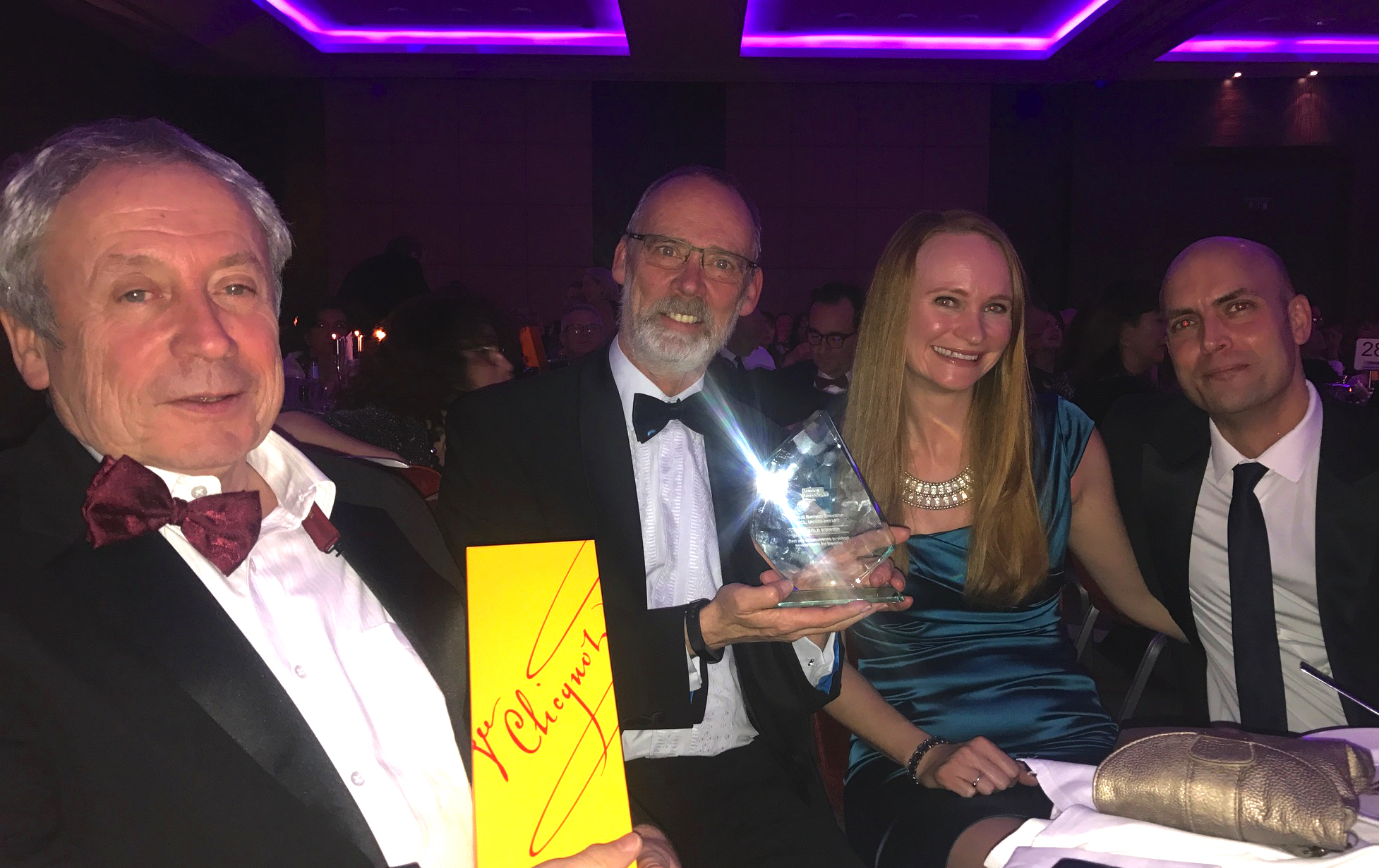 Unicorn, with partners the University of London and Learning Age Solutions Ltd (LAS), celebrated winning the Gold Award for Best Use of Simulations or Virtual Environments at the Learning Technologies Awards in November 2017. (l-r) Alan Parkinson (Deputy Director (Education), UCL School of Management), Peter Phillips (CEO, Unicorn), Tess Robinson (Director, LAS) and Rob Hubbard (Managing Director, LAS)